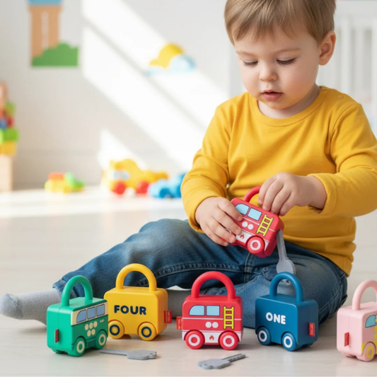 Montessori traukinukai su spynelėmis ir rakteliais