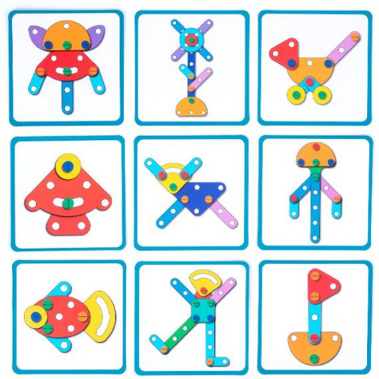 Medinis montessori varžtų ir formų konstruktorius