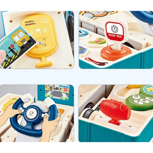 Interaktyvus edukacinis autobuso simuliatorius vaikams 2-in-1 – žaislinis autobusas su garsais, šviesomis ir vairavimo funkcija