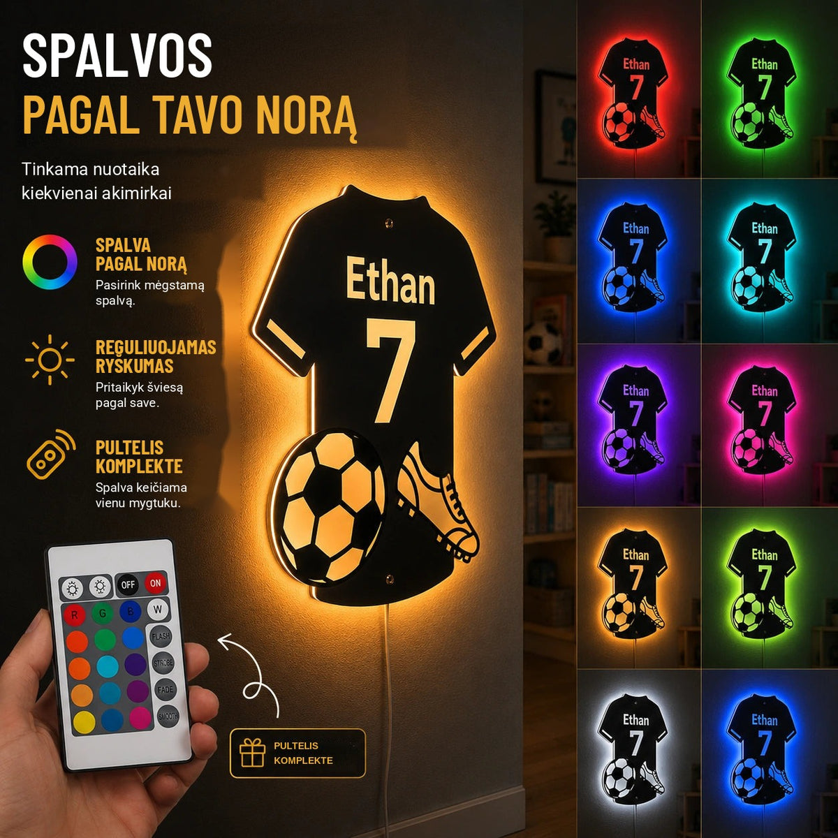 Šviečiantys futbolo marškinėliai su vardu ir numeriu
