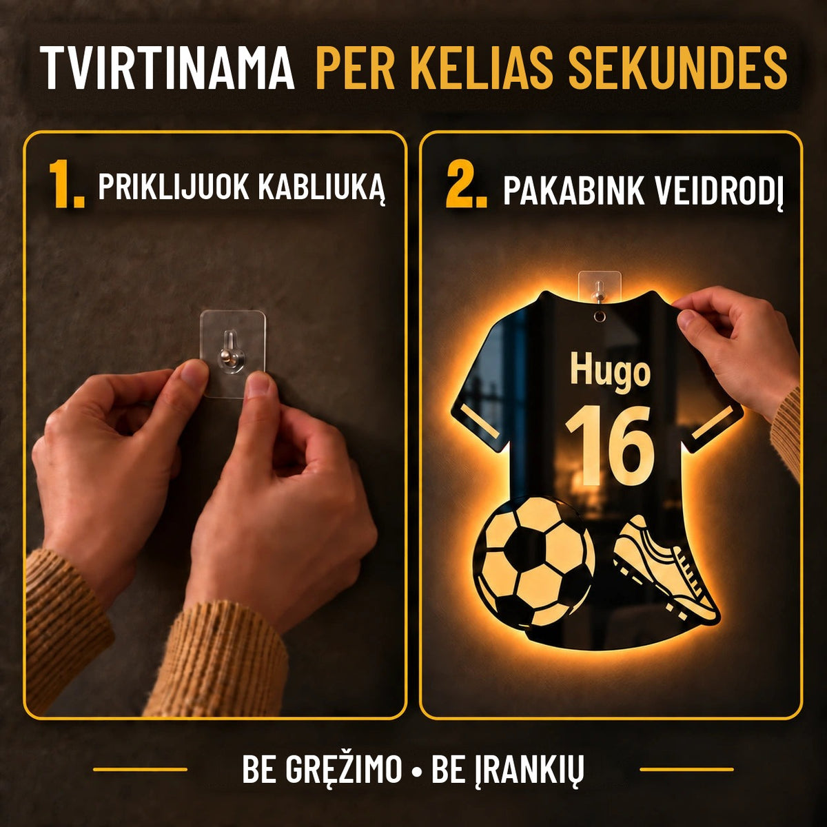Šviečiantys futbolo marškinėliai su vardu ir numeriu