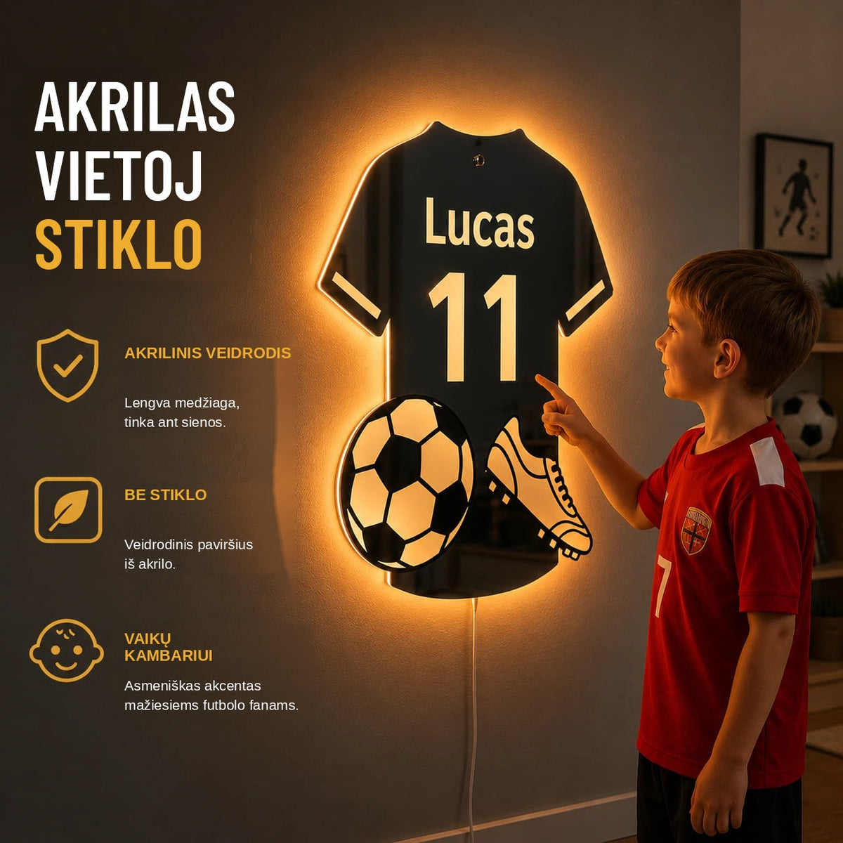 Šviečiantys futbolo marškinėliai su vardu ir numeriu
