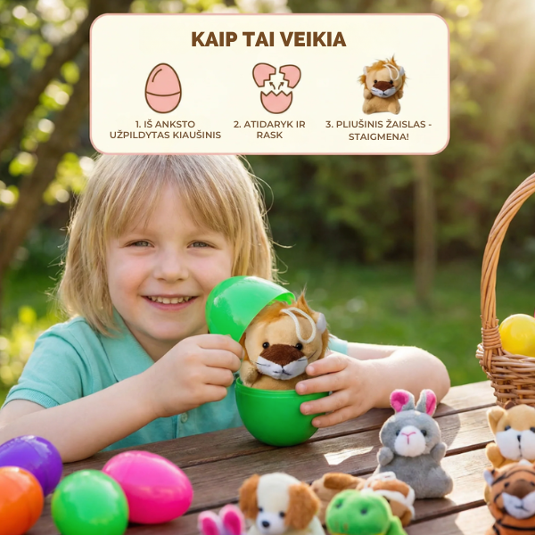 Velykiniai kiaušiniai su pliušiniais žaisliukais viduje