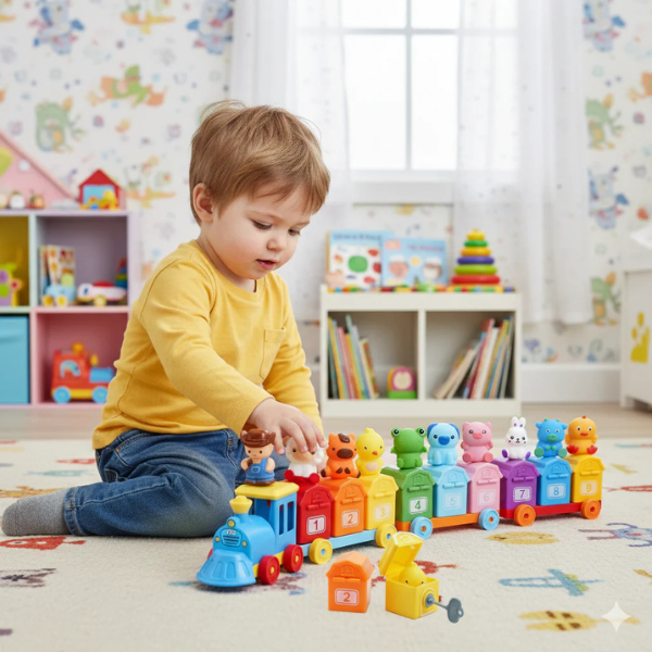 Edukacinis Montessori traukinukas su gyvūnais ir skaičiais
