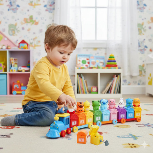Edukacinis Montessori traukinukas su gyvūnais ir skaičiais
