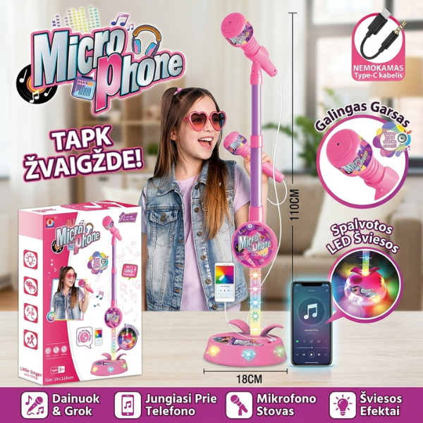 Vaikiškas mikrofonas su spalvotomis šviesomis ir muzika