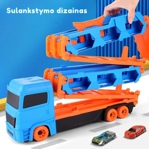 Automobilis–vilkikas su sulankstoma lenktynių trasa ir katapultos paleidimu