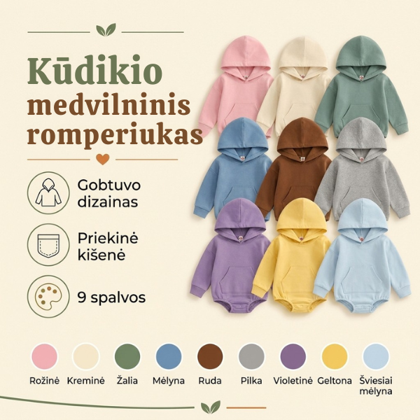Minkštas kūdikio romperis-kombinezonas su gobtuvu
