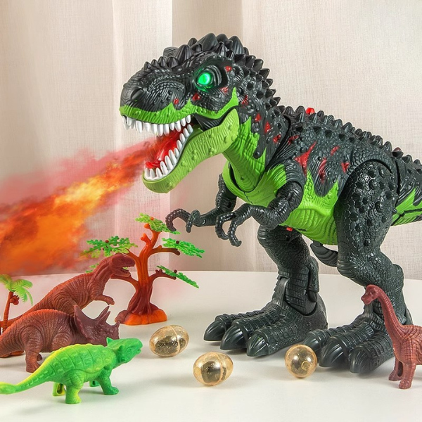 Riaumojantis dinozauras – vaikščiojantis, švytintis ir purškiantis garus žaislas