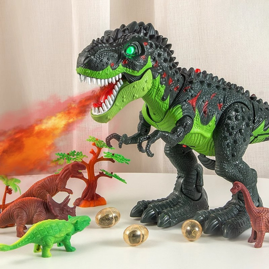 Riaumojantis dinozauras – vaikščiojantis, švytintis ir purškiantis garus žaislas
