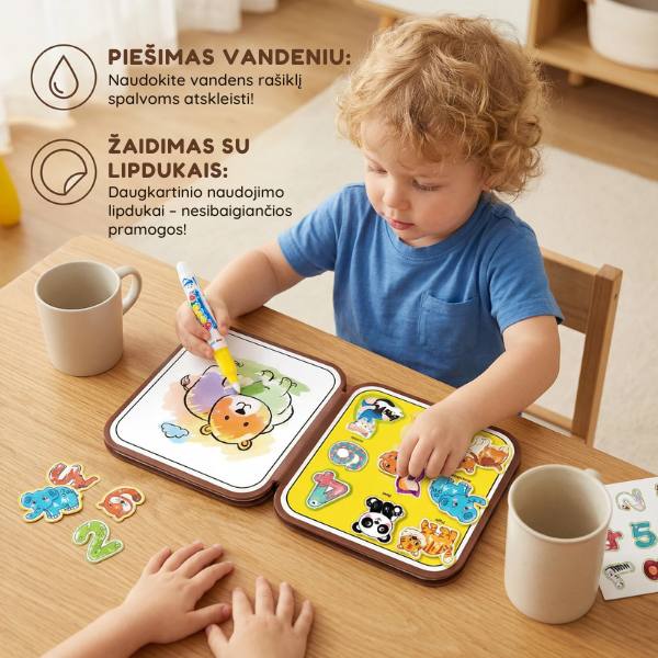 Magiška Montessori knygelė 2in1 - piešimas vandeniu ir lipdukai