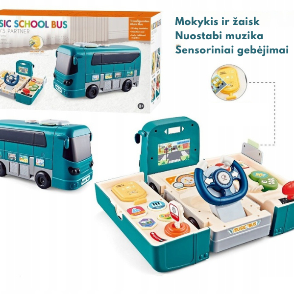 Interaktyvus edukacinis autobuso simuliatorius vaikams 2-in-1 – žaislinis autobusas su garsais, šviesomis ir vairavimo funkcija