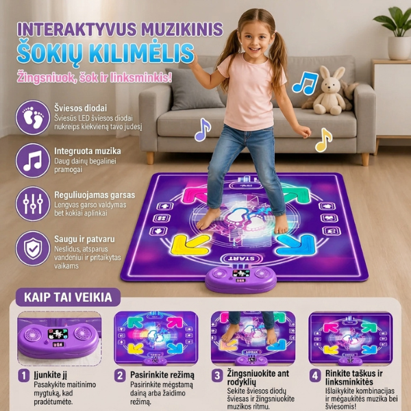 Muzikinis šokių kilimėlis su LED šviesomis