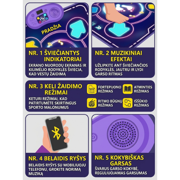 Muzikinis šokių kilimėlis su LED šviesomis