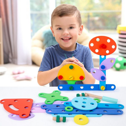Medinis montessori varžtų ir formų konstruktorius