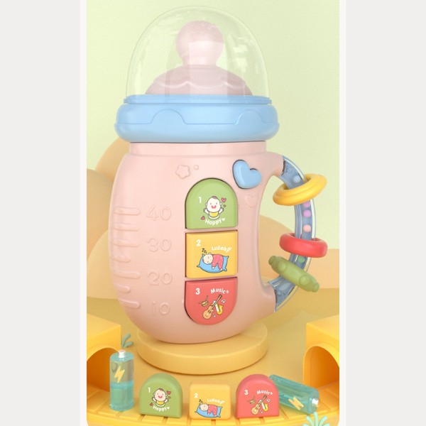 Raminantis pieno buteliuko formos barškutis su garsais ir šviesomis