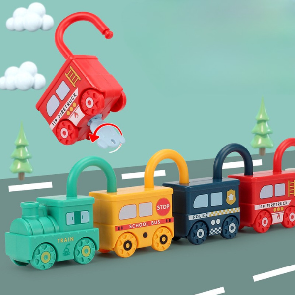 Montessori traukinukai su spynelėmis ir rakteliais