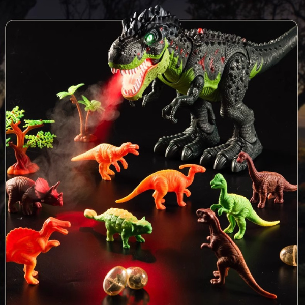 Riaumojantis dinozauras – vaikščiojantis, švytintis ir purškiantis garus žaislas