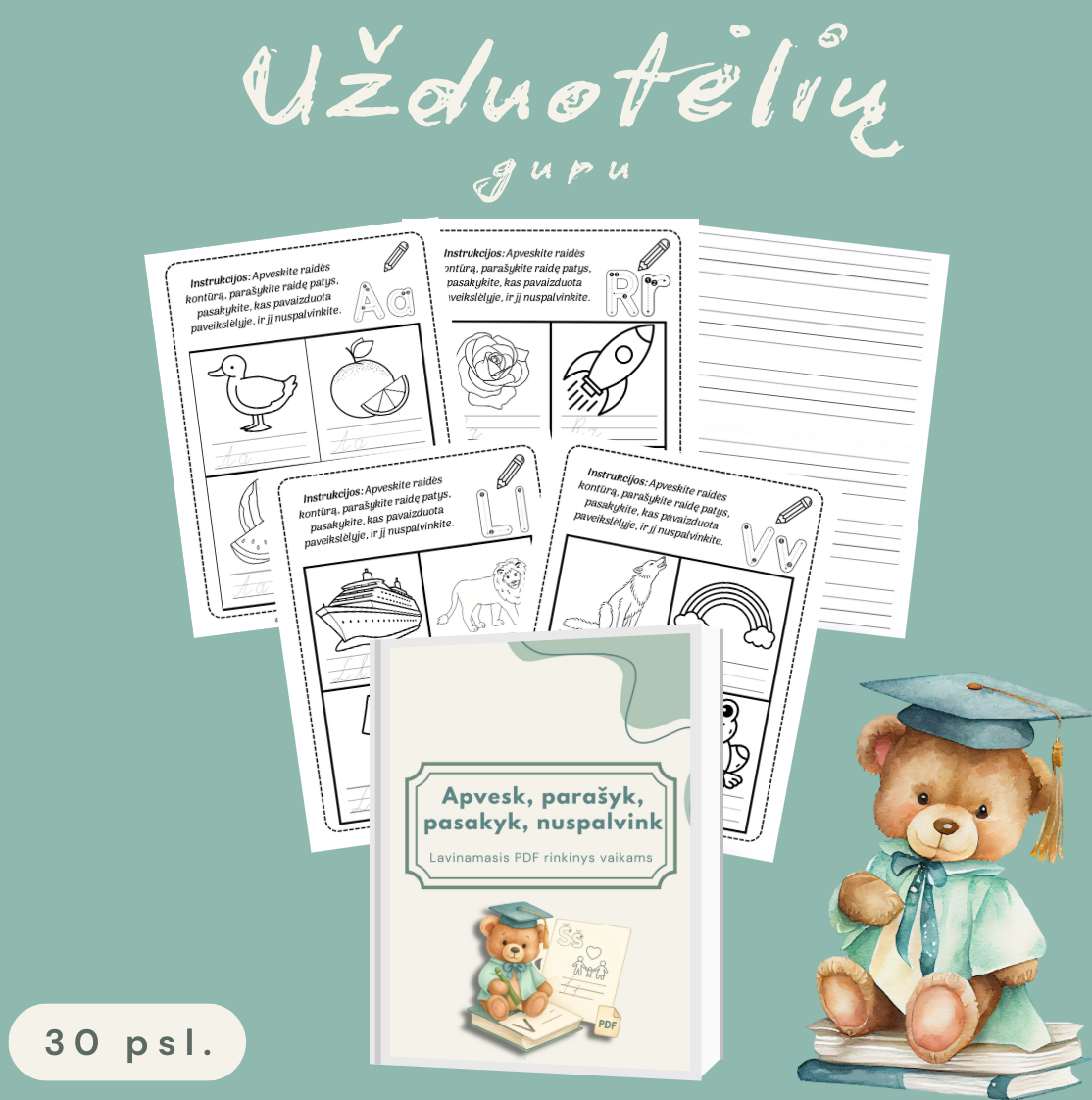 „Užduotėlių guru“ PDF rinkinys: Apvesk, parašyk, pasakyk, nuspalvink