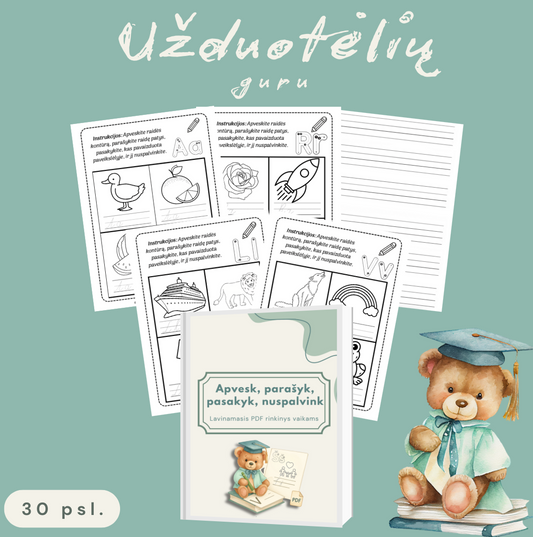 „Užduotėlių guru“ PDF rinkinys: Apvesk, parašyk, pasakyk, nuspalvink