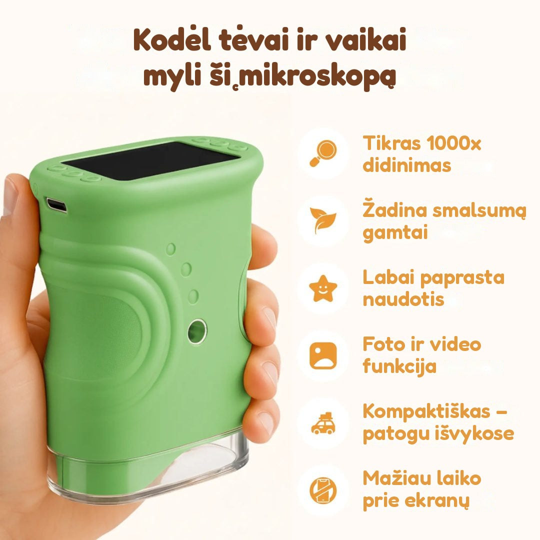 Vaikiškas skaitmeninis mikroskopas su ekranu (iki 1000x)